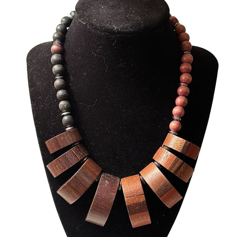 Statement Wood Bead Necklace Carved Two Tone Brown Adjustable Bib Boho Tribal